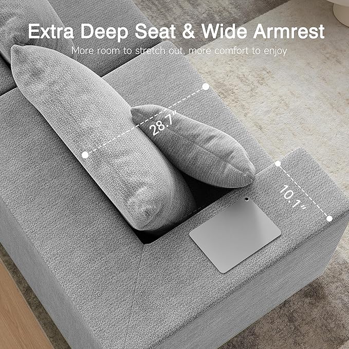 152'' Cloud Couch Sectional Deep Seat Upholstered Sofa Chenille Grey Modular Sectional Couches for Living Room Memory Foam with 6 Pillows No Assembly Required