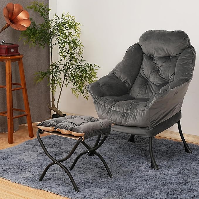Kokel Lazy Chair with Folding OttomanLiving Room Chairs Accent Contemporary Lounge Chair Single Steel Frame Leisure Sofa Chair with Armrests and A Side Pocket (Dark Gray)