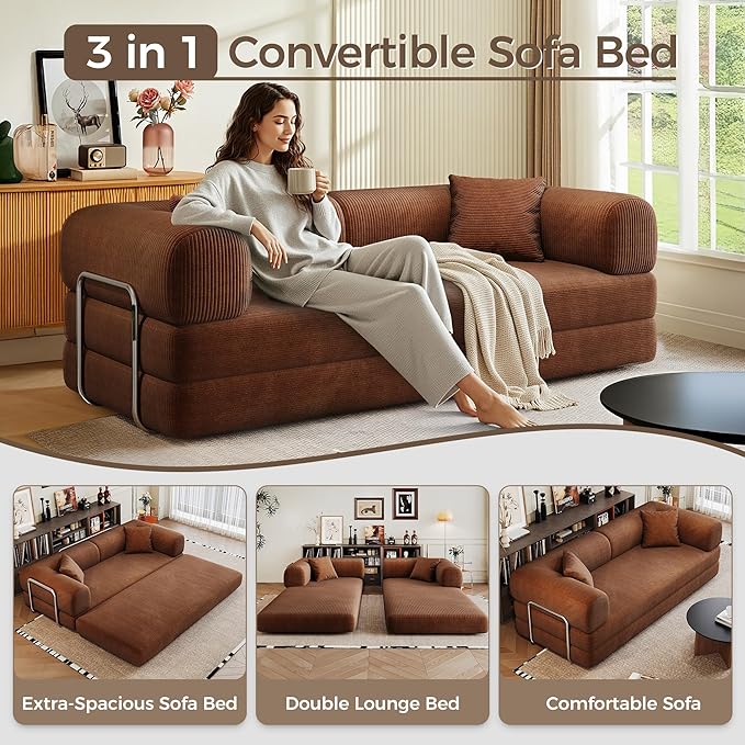 78.5'' Convertible Folding Sofa Bed – 4-in-1 Modular Floor Couch Corduroy Small Cloud Couch Compressed Foldable Sleeper Sofa King Size Futon for Bedroom Guest Room (Brown-02)