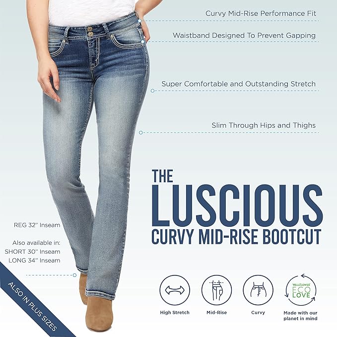 WallFlower Luscious Curvy Bootcut Jeans for Women Mid-Rise Insta Stretch Denim Size-Inclusive Juniors Jeans
