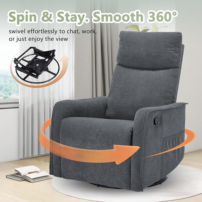 cinkehome Swivel Rocker Recliner Glider Rocker Recliner Chair for Nursery Manual Reclining Chair with Heated Massage Small Spaces Living Room Linen Dark Grey