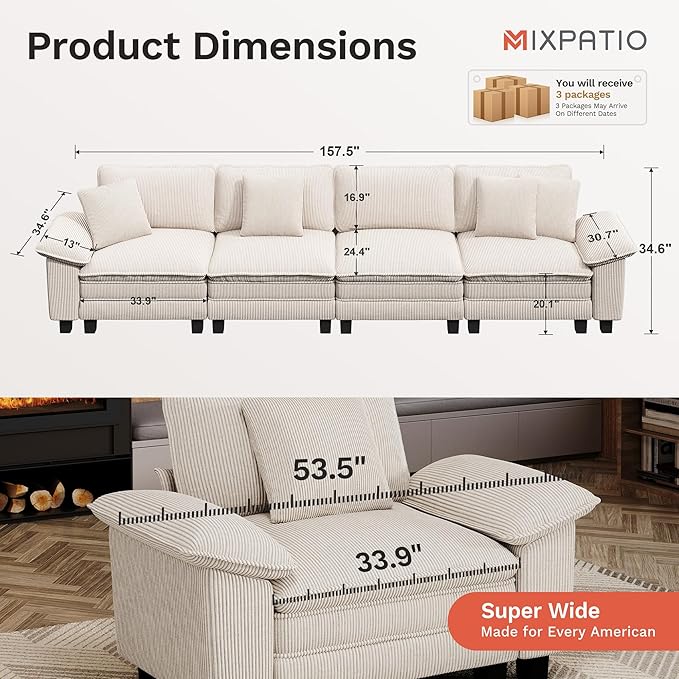 157.5 Cloud Modular Sectional Sofa 4-Seater w/Deep Seat &amp Removable Arms Plush Corduroy for Living Room - Beige