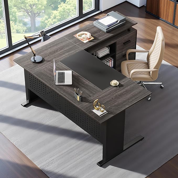 Oigavfd 63 Executive Desk with Drawers and Filing Cabinet L Shaped Computer Desk with Metal Frame and Privacy Baffle Home Office Workstation (Gray and Black)