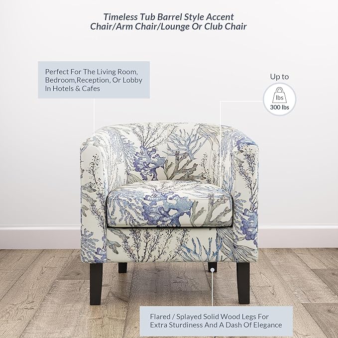BELLEZE Living Room Chair Linen Round Accent Barrel Chair Club Tub Sofa Chair for Bedroom Corner Chair with Flared Legs and Cozy Soft Padding - Highland (Blue Coral)