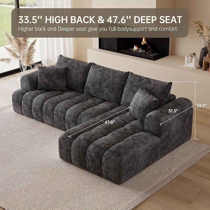 108 Cloud Sectional Couches for Living Room Boneless L-Shaped Sofa with Pillow 3 Seater Modular Sectional Sofa (Dark Grey)