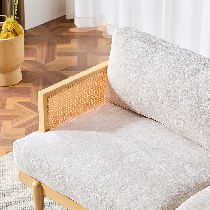 72 Square Arm 3-Seater Sofa with Cane Rattan &amp Rubber Wooden Frame Tapered Legs High-Resilience Sponge Beige Cushions Vintage Modern Couch for Living Room Bedroom Apartment Office Natural
