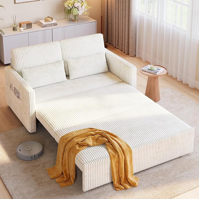 Ahomly Convertible Loveseat Sleeper Sofa Bed 3 in 1 Pull Out Couch Bed with 77.2'' Sleeper Length Corduroy Sofa with 8.7'' Ground Clearance for Living Room Bedroom Beige
