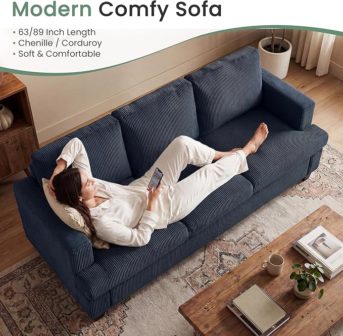 YOUDENOVA Sofa 63” Comfy Loveseat Sofa with Deep Seats Couch for Living Room Modern Sleeper Couch Blue Corduroy