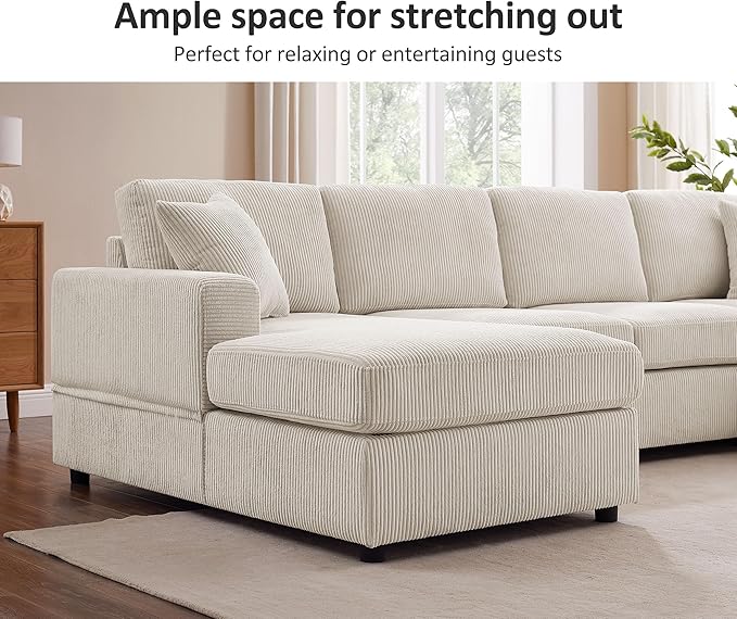 VANOMi 119 L-Shaped Sectional Sofa with Reversible Chaise Modern Corduroy Couch with Deep Seats 4-Seater Upholstered Sofa for Living Room or Apartment Beige