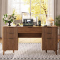 Walnut Desk with Drawers 55 Fluted Executive Desk with Storage Cabinet Wood Home Office Desk with File Cabinet Modern Computer Writing Desk for Study Living Room Bedroom