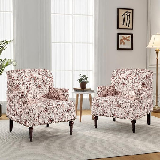 Accent Chair Mid Century Modern Comfy Armchair for Living Room Linen Fabric Single Sofa Lounge for Reading Bedroom Apartment Waiting Room with Wood Legs (Rococo Orange Set of 2)