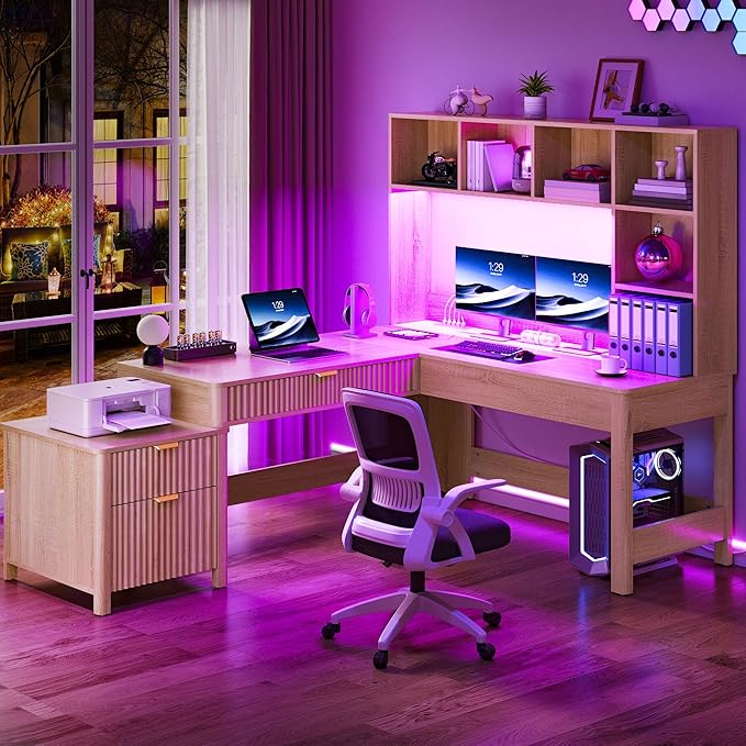 YITAHOME L Shaped Desk with Hutch and Drawers 67 Computer Desk Gaming Desk with Power Outlets &amp LED Lights Wood Home Office Desk with Printer Stand Fluted Sturdy Writing Workstation Natural O