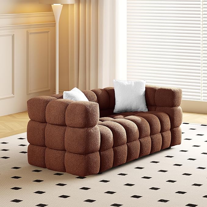 Modern Boucle Loveseat Couch for Living Room 61'' Sherpa Upholstered Sofa Couch Comfy Cloud Deep Seat Sofa Luxury Minimalist Plush Fluffy Couch for Small Apartment Office 2 Pillows Caramel