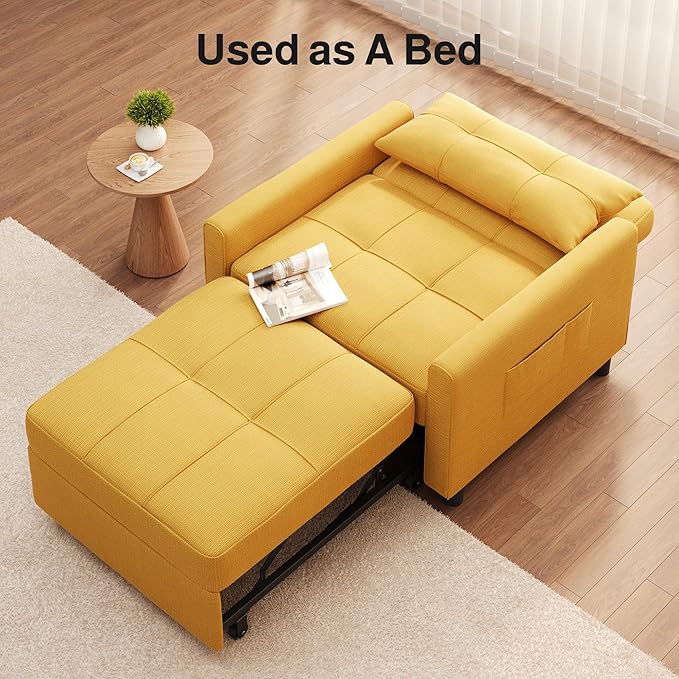 Ahomly Convertible Sleeper Chair Sofa Bed with 3-in-1 Design Adjustable Backrest and Storage Pocket for Living Room Yellow