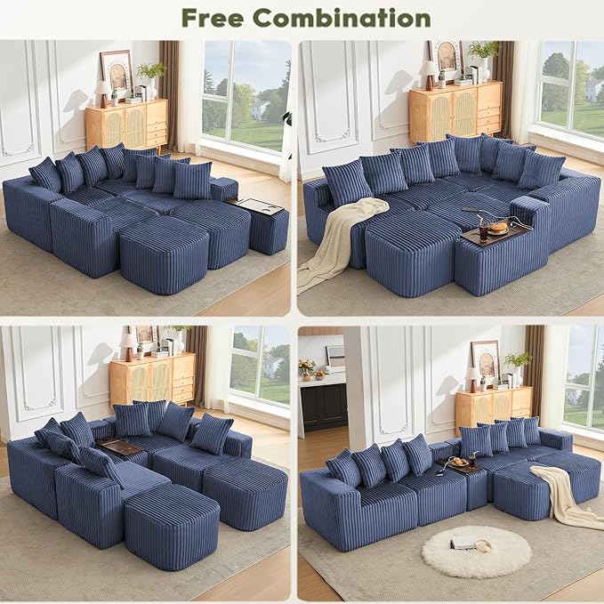 KEIKI 137.5 Modular U-Shape Sectional Sofa Extra-Large Corduroy Couch with Movable Footstool Cup Holders &amp Wireless Charging Board No-Assembly Flexible Seating for Apartments &amp Entertainin