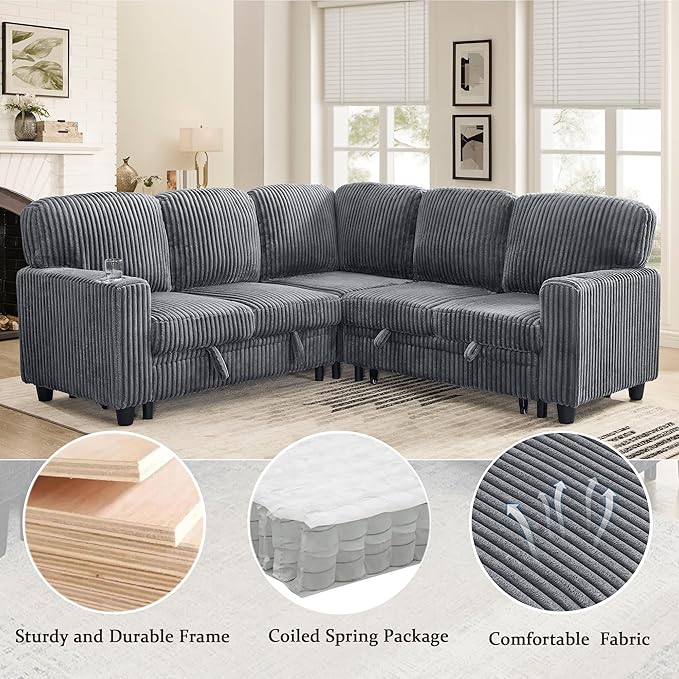 KEIKI 81 L-Shaped Oversized Corduroy Modular Sectional Sleeper Sofa with Pull-Out Bed Storage Seat Modern 5-Seater Upholstered Couch Bed with Charging Station Easy Assembly for Living Room Grey