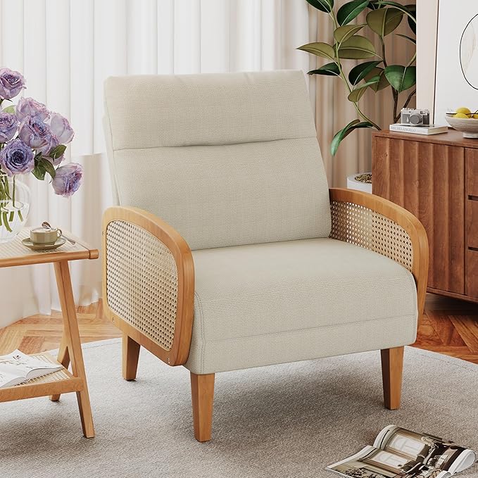 Andeworld Accent Chair Set of 2Upholstered Modern Living Room Chairs with Natural Rattan Arm Linen Fabric Arm Chair with Wooden Legs for Bedroom Club Balcony Reception Ivory