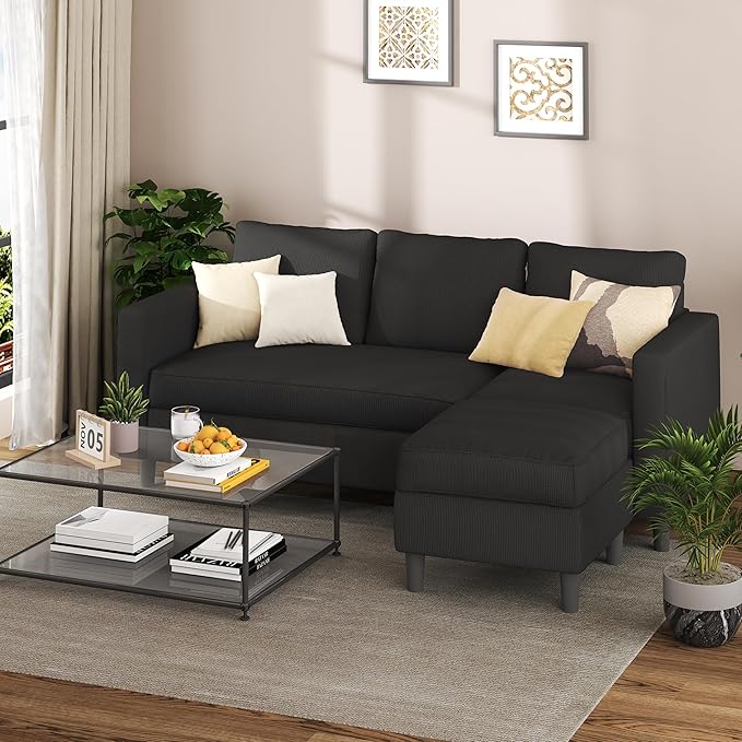 Shintenchi Convertible Sectional Sofa CouchL-Shaped Modular Sofas with Reversible Ottoman3-Seat Upholstered Corduroy Sofa CouchSmall Couches for ApartmentLiving Room and Office(Black)