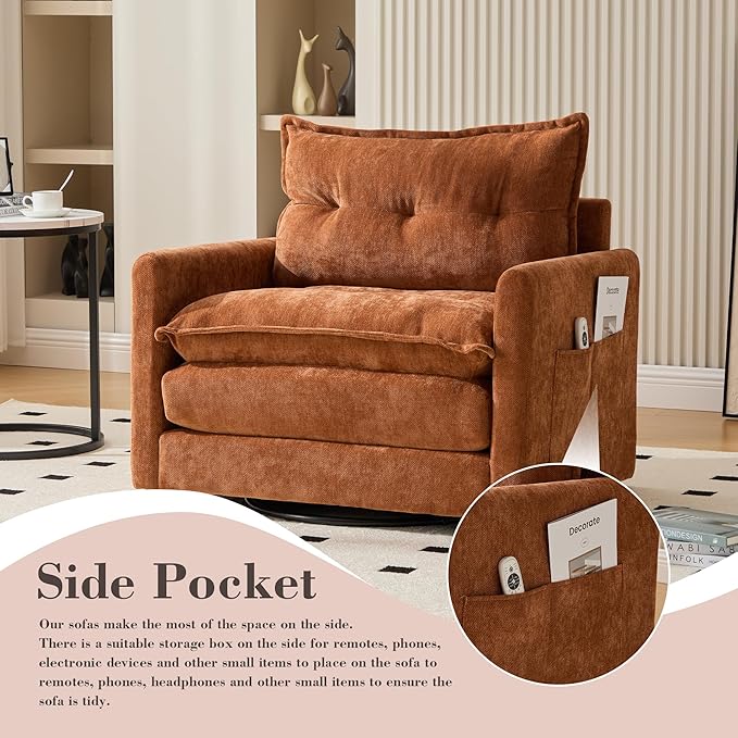 KEIKI 360-Degree Chenille Accent Sofa Chair with Thick Padded Arm and Side Pockets Single Sofa Chair with Memory Foam Support and Solid Metal Base Easy Assembly for Living Room and Bedroom Brown