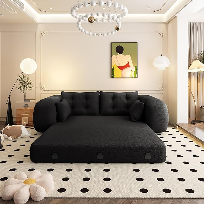 KEIKI 78.7 Foldable 3-in-1 Multi-Functional Sleeper Sofa Bed Convertible Foam-Filled Floor Couch for Adults Human-Sized Dog Bed Teddy Fabric Black
