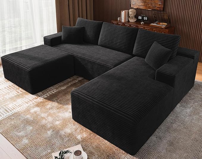 3-Piece Boneless Modular Sectional Sofa Cloud Couch Right Facing Chaise with Ottoman Oversized Deep Seat Soft Corduroy Fabric Sectional Couch for Living Room-Black
