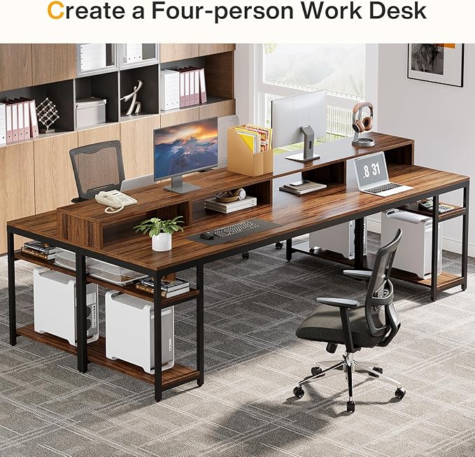 Tribesigns 78.74 Inches Extra Long Two-Person Desk Double Computer Desk with Monitor Stand and Storage Shelves Study Work Table for Home Office (Rustic Brown)
