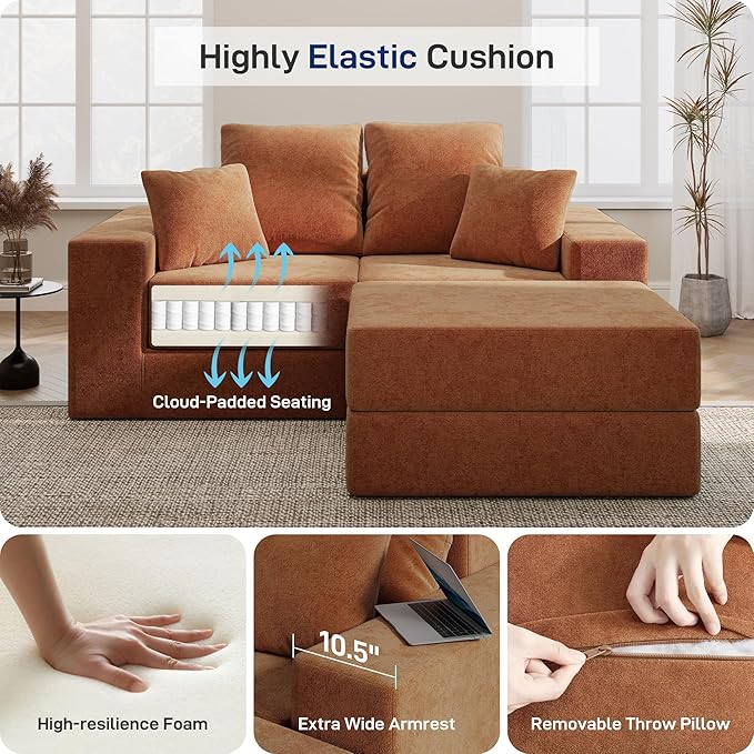 Cloud Modular Sectional Sofa Comfy Boneless Couch for Living Room Modern L-Shaped Couch with Reversible Chaise Customizable Sleeper Sofa with Non Slip No Assembly &amp Deep Seat Orange