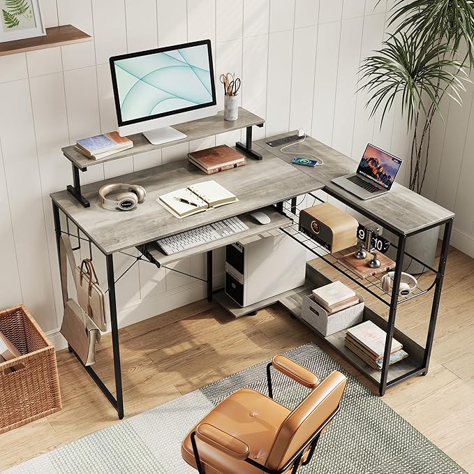 L Shaped Gaming Desk with Power Outlets &amp RGB Lights 46'' L- Shaped Desk Computer Corner Desk with Monitor Stand &amp Storage Shelf &amp Hook Home Office Desk Writing Desk Grey