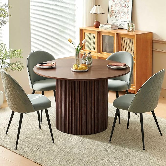 Kitchen&ampDining Room Table Set for 4 Walnut Wooden Dining Table Round and Upholstered Kitchen Side Living Room Chairs Set Rustic Dining Set with Grey Velvet Chairs for Apartment Dining Hall