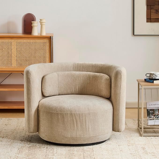 Christopher Knight Home Tanzy 360-Degree Swivel Barrel Chair Upholstered Lounge Chair Indoor Comfy Armchair with Lumbar Pillow for Living Room Thick Cushion Metal Base and Wood Frame Khaki