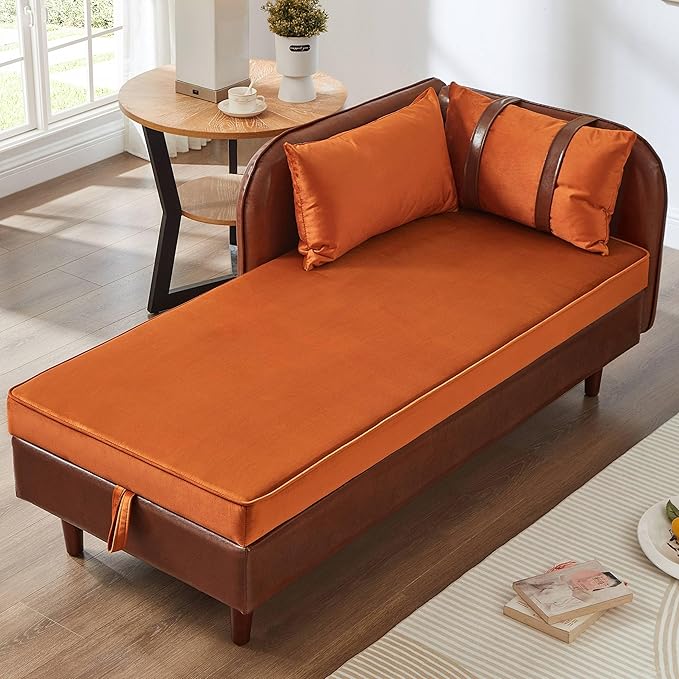 KEIKI PU Leather Chaise Lounge Chair Indoor Modern Leisure Sleeper Sofa Chair with Storage Accent Velvet Reading Couch Side Armchair Corner Arm Chairs for Living Room Bedroom Easy Assembly Brown
