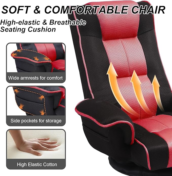 Swivel Floor Chairs for Adults Floor Gaming Chair with Extra Wide Arms Back Support 14 Angles Adjustable Comfortable Double Mesh Fabric Lazy Sofa for Video Game Chairs 201 (Black+red)