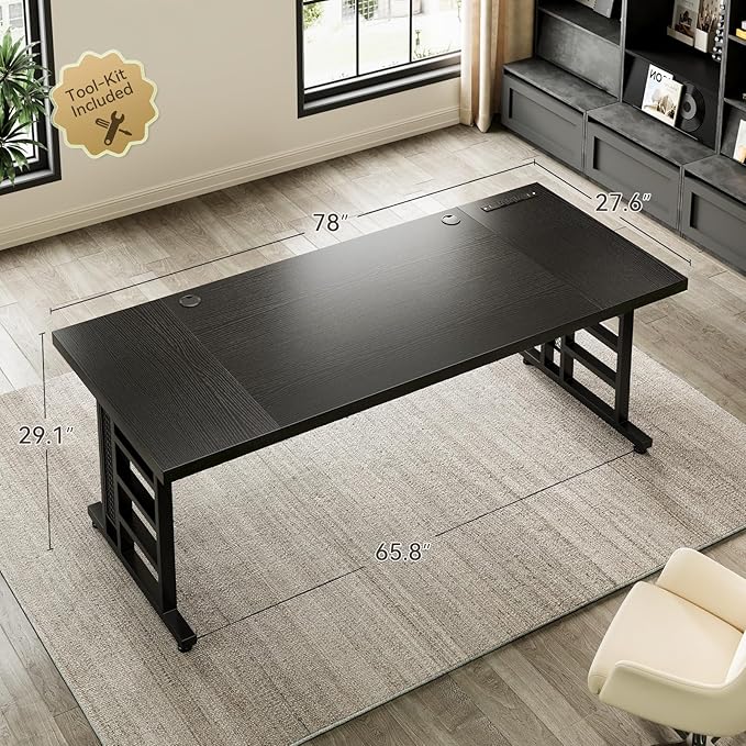 Coleshome 78 Inch Executive Desk with USB Ports Large Computer Desk with Extra Thick Long Mordern Office Desk Workstation Business Furniture for Home Office Black