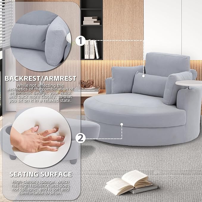 51'' Accent Swivel Barrel Chair with Storage OttomanModern Oversize Round Swivel Leisure Arm Chair with TrayPillowCorduroy Fabric for Living RoomHotelClub Lounge Grey