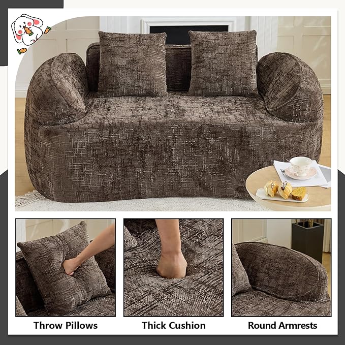 67 Curved Loveseat Sofa with 2 Pillows Modern Boneless Couch in a Box Small Cloud Loveseat for Bedroom Small Space Apartment Living Room Memory Foam Chenille No Assembly (Brown)