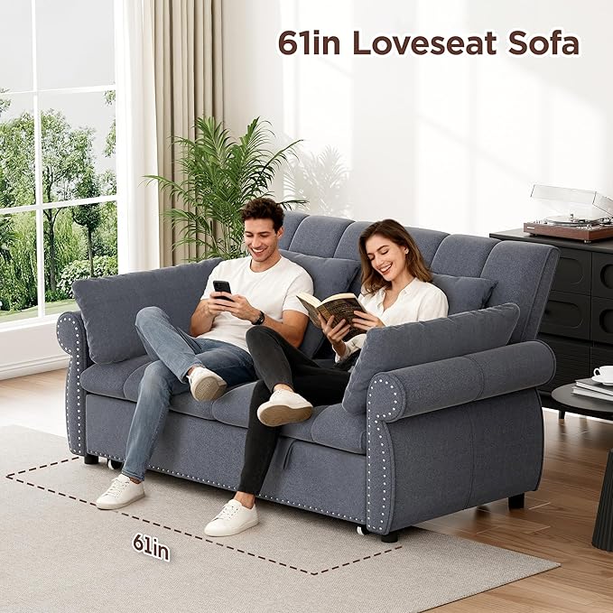 3 in 1 Sofa Bed 61 Inch Convertible Pull out Couch with Four Pillows Loveseat Sleeper Sofa with Adjustable Backrest Sofa Couches for Living Room Bedroom Apartment Chenille Fabric Grey