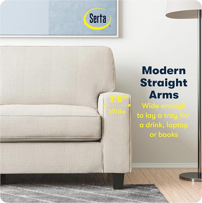 Serta Palisades 73 Track Arm Sofa Easy Care Polyester Soft Pillow Back Pocket Coil Seat Cushions Removable Covers Loveseat or Couch for Small Spaces Living Rooms or Bedrooms Buckwheat Beige