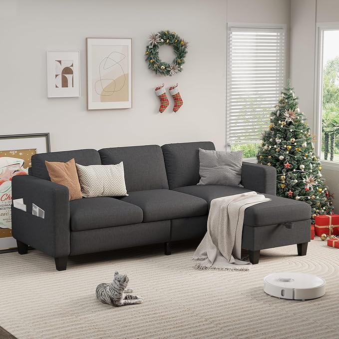 Sectional Sofa and Couches for Living Room - 78'' Dark Grey 3 Seat L-Shaped Couch with Storage Ottoman Modern Linen Convertible Sectionals Sofas for Apartment Office Small Space