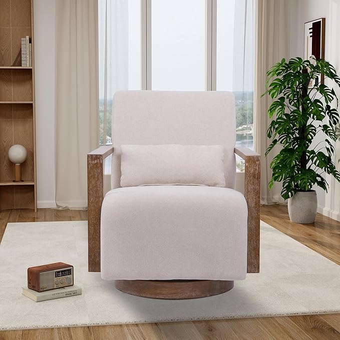30.5 W Swivel Modern Fabric Upholstered Accent Chair with Solid Wood Armrests Comfy Lounge Reading Chair Side Armchair for Hotel Bedroom Living Room Office Nursery Room (Beige Linen)