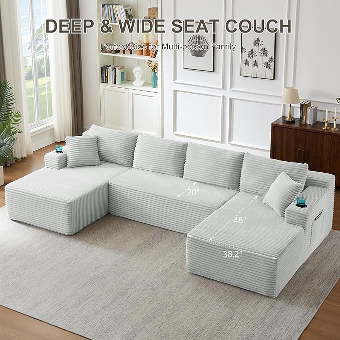133.5 Oversized U Shaped Sectional Couch Boneless Cloud Couches for Living Room Corduroy Comfort Modular Deep Seat Sofa with Chaise Cup Holders &amp Storage Pocket No Assembly Light Grey