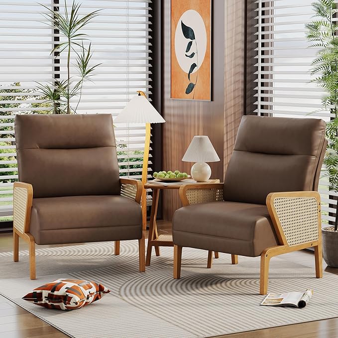 Alunaune Upholstered Living Room Chairs Accent Chair Armchair Set of 2 Natural Rattan Faux Leather Slipper Club Chair Guest Reception Couch Comfy Single Sofa for Reading Bedroom-Brown