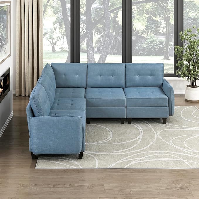 Lexicon L Shape Sectional Couch with Hidden Storage Textured Fabric Modular Sectional Sofa with Button-Tufted Design Reversible Back Cushion 5 Seater Large Sofa Blue