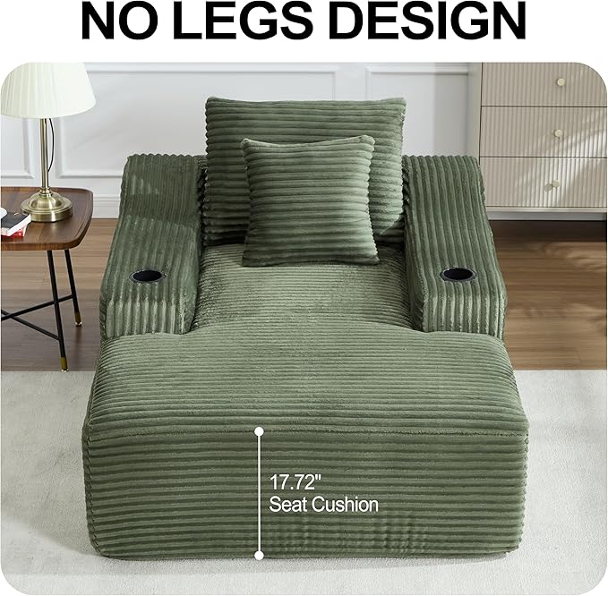 Chaise Lounge Chair Indoor Cloud Sofa Bed with Cup Holders Corduroy Upholstered Couch with 17.71 Seat High Lazy Sofa Bed for Living Room Apart Fully Assembled - Green