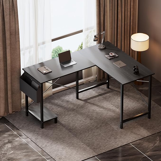 YSSOA 50 L Shaped Gaming Desk with Reversible Corner - Home Office Computer Desk with Wood Top Metal Frame CPU Stand &amp Storage Bag for Small Space Gaming Room Black