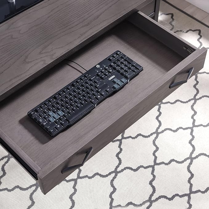 BOWERY HILL Contemporary Writing Computer Desk 46 D x 22 W x 30 H Sturdy Wood Matte Black Finish X-Side Design Drop Front Drawer Full Extension Guides Home Office Desk with Wire Management
