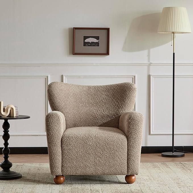 Christopher Knight Home Lindy Wingback Accent Chair Upholstered Armchair with Rounded Wooden Legs Curved Backrest Single Sofa Soft Cushion Seating Comfy Lounge Chair for Living Room Light Brown
