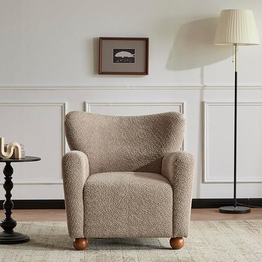 Christopher Knight Home Lindy Wingback Accent Chair Upholstered Armchair with Rounded Wooden Legs Curved Backrest Single Sofa Soft Cushion Seating Comfy Lounge Chair for Living Room Light Brown