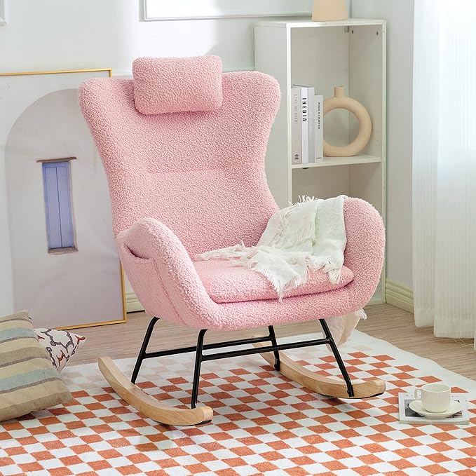 Rocking Chair with Rubber Leg and Cashmere Fabric Suitable for Living Room and Bedroom