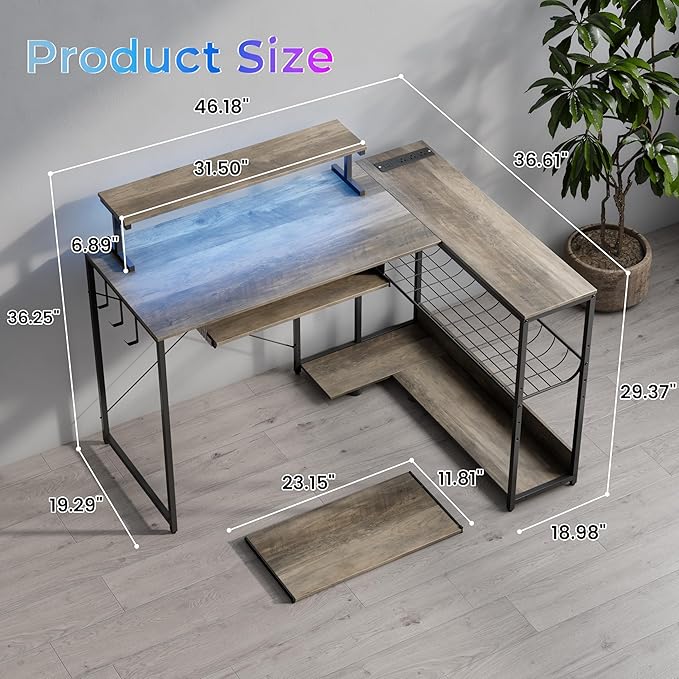 L Shaped Gaming Desk with Power Outlets &amp RGB Lights 46'' L- Shaped Desk Computer Corner Desk with Monitor Stand &amp Storage Shelf &amp Hook Home Office Desk Writing Desk Grey