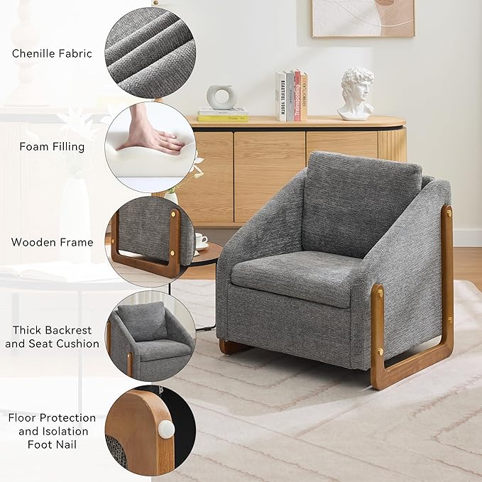 Modern Upholstered Living Room ChairsComfy Chenille Fabric Accent Armchair with Wooden Side FrameSoft Cushion Seat and Backrest Reading Sofa Chair for Bedroom Office (Gray Set of 1)